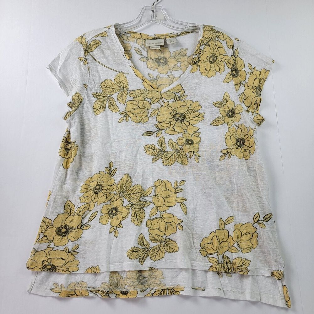 Cynthia Rowley Tee Womens Large Short Sleeve V-Neck Hi-Low Multicolor Linen